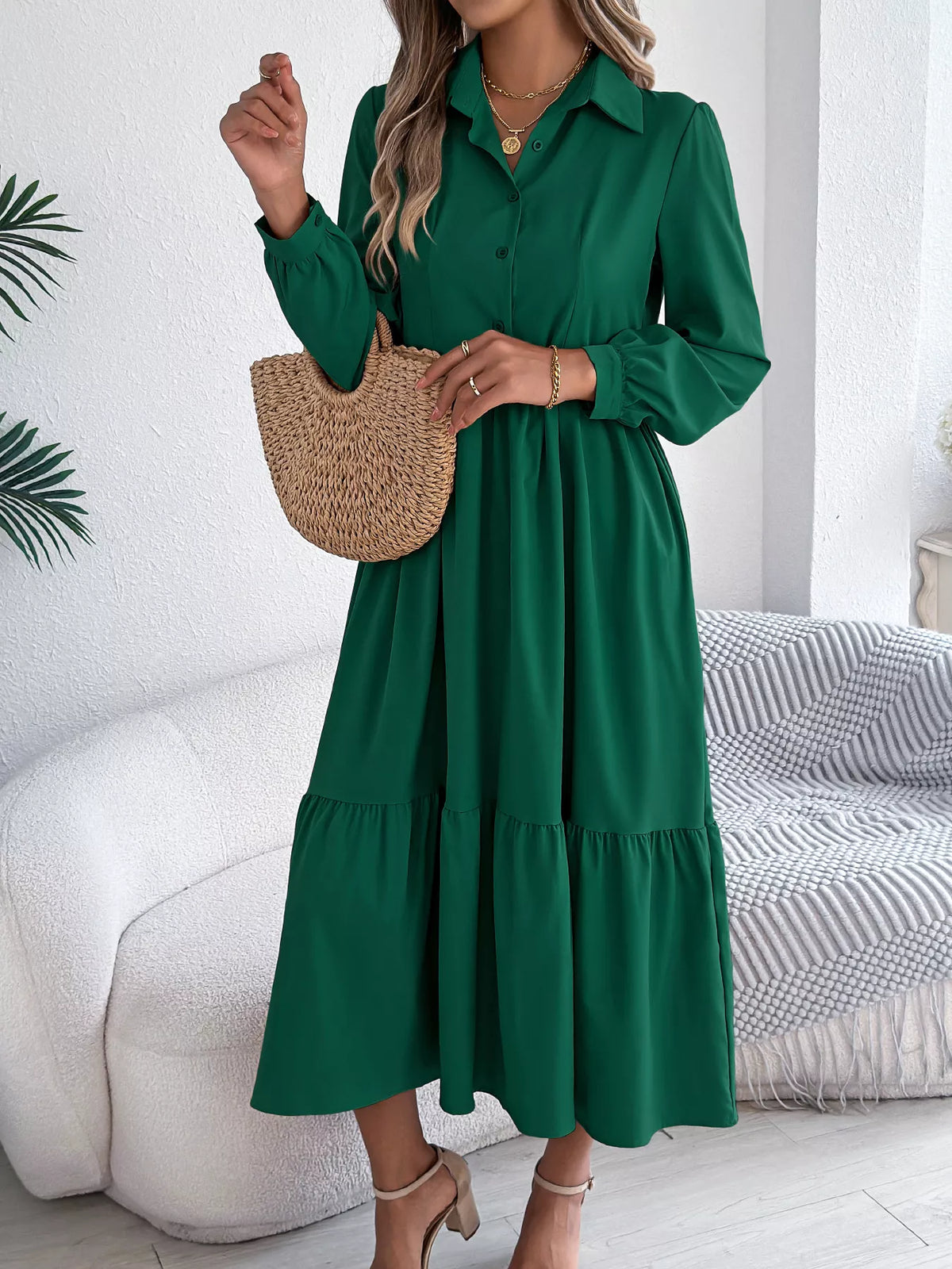 Long Sleeve Tiered Button-Front Midi Dress – photo 17