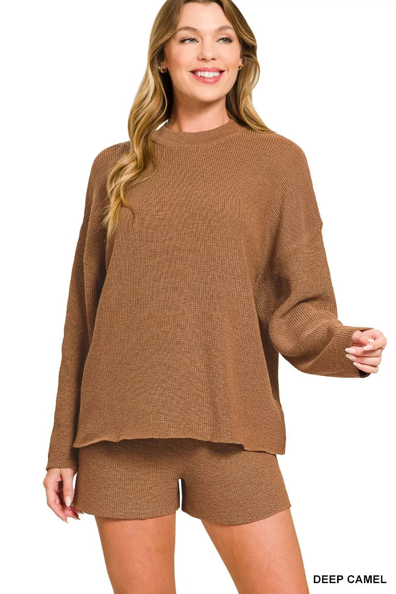 Round-neck knit top and shorts sweater matching set — Livostyle