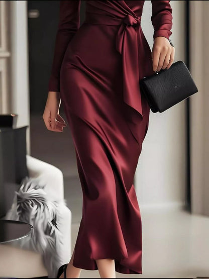 Surplice Satin Long Sleeve Dress with Belt in Red