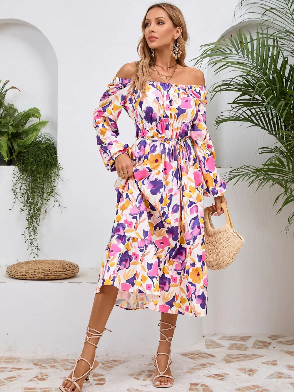 Printed Long Sleeve Midi Dress with Tie Detail – photo 21