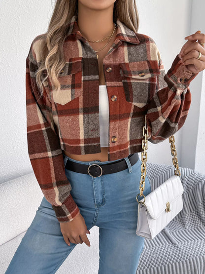 Plaid Button Up Cropped Jacket closeup — Livostyle