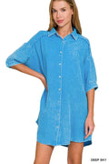 Washed Double Gauze Cotton Shirt Dress with Pockets in Deep Sky