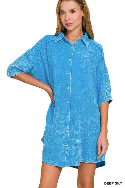 Washed Double Gauze Cotton Shirt Dress with Pockets in Deep Sky