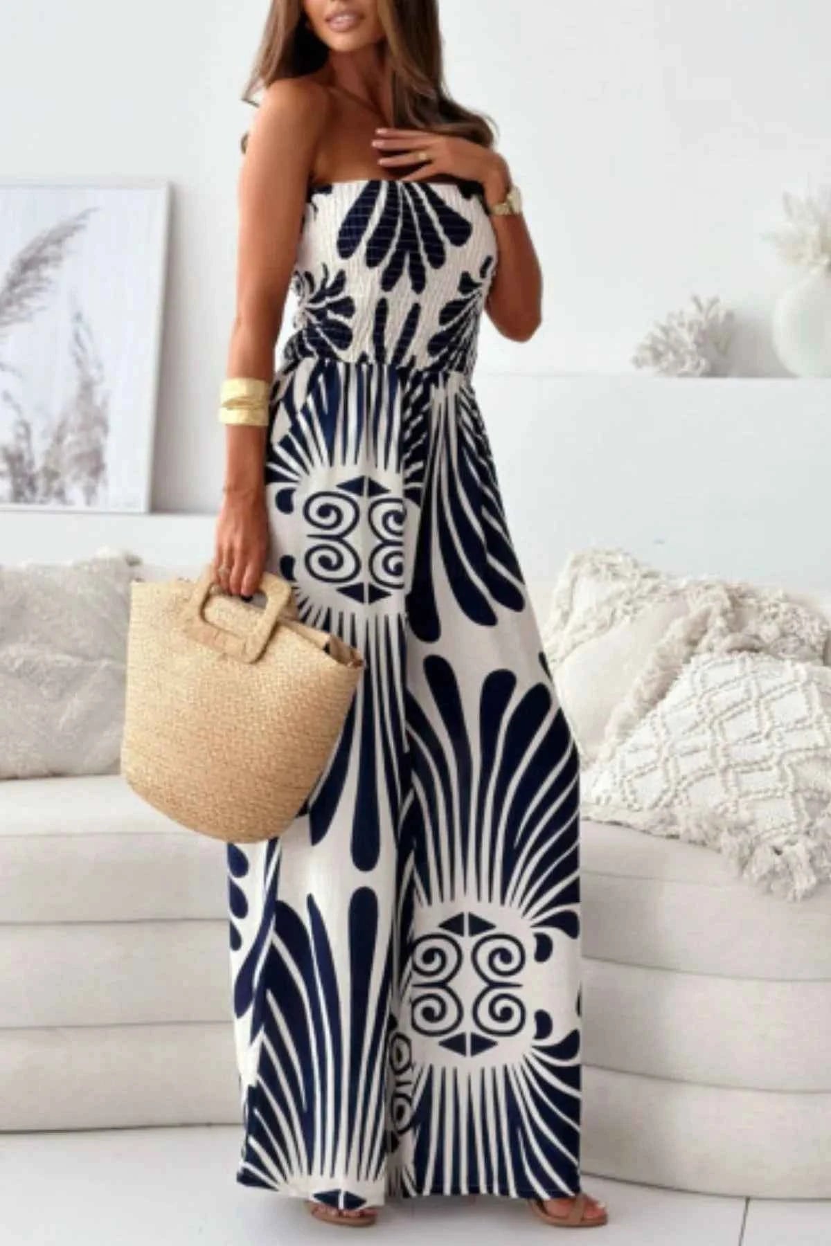 Printed Smocked Tube Wide Leg Jumpsuit