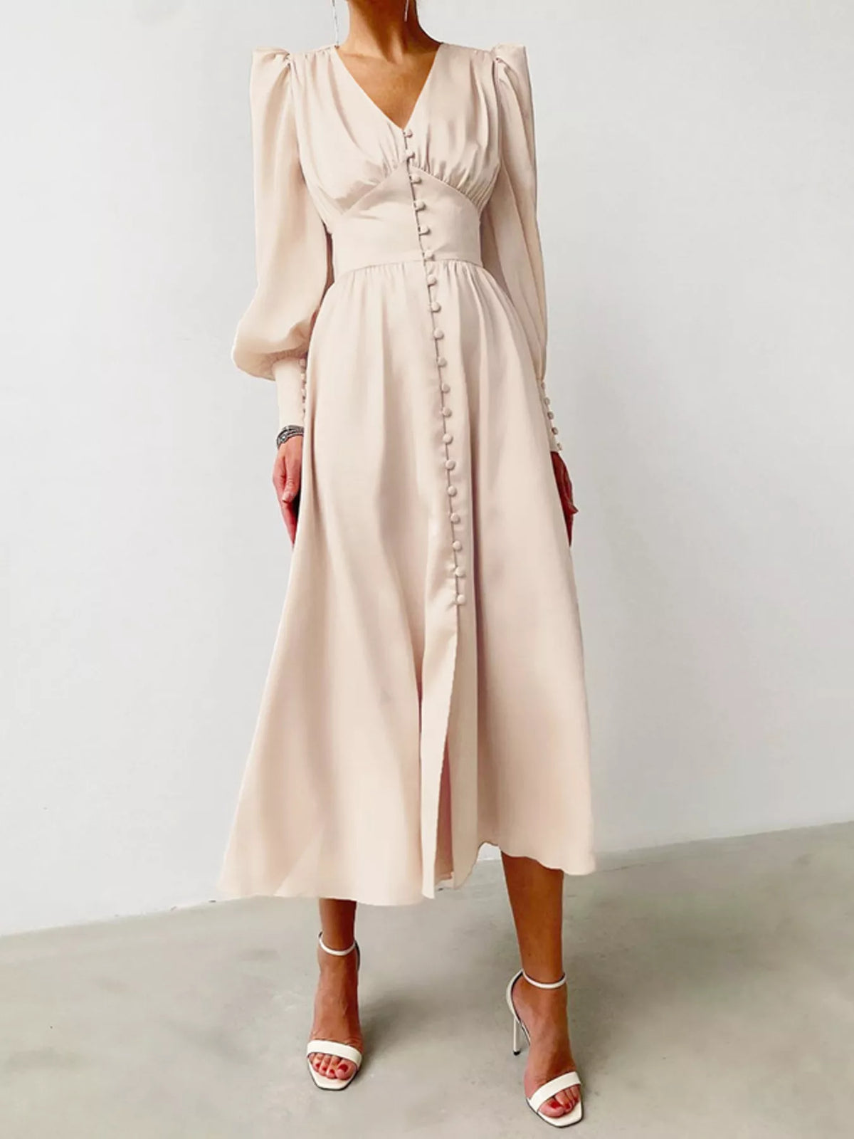 V-Neck Puff Sleeve Button-Down Midi Dress in Beige