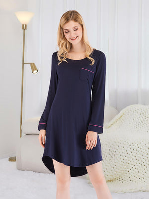 Round Neck Long Sleeve Night Dress with Pocket in Dark Navy