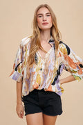 Vibrant V-Neck Blouse with Open Weave & Multicolor Print — Livostyle