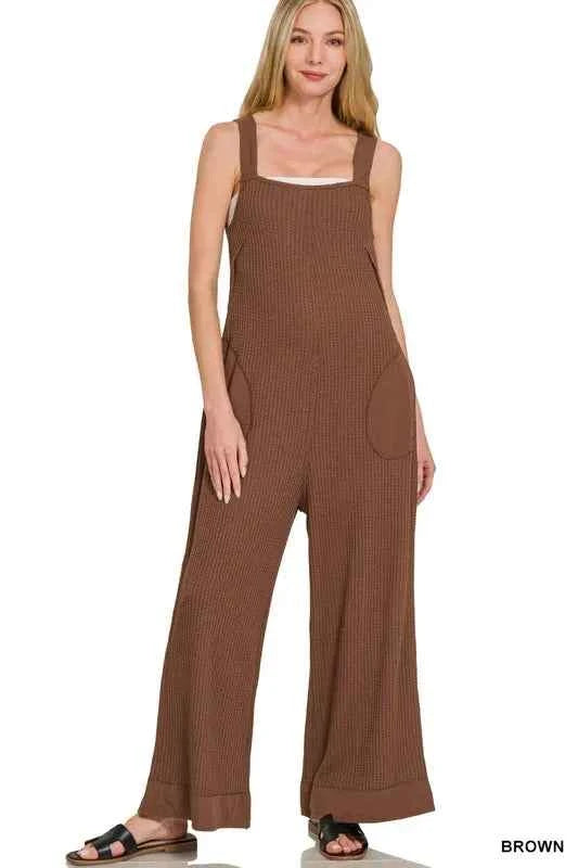 Zenana Knit Waffle Wide Leg Overalls