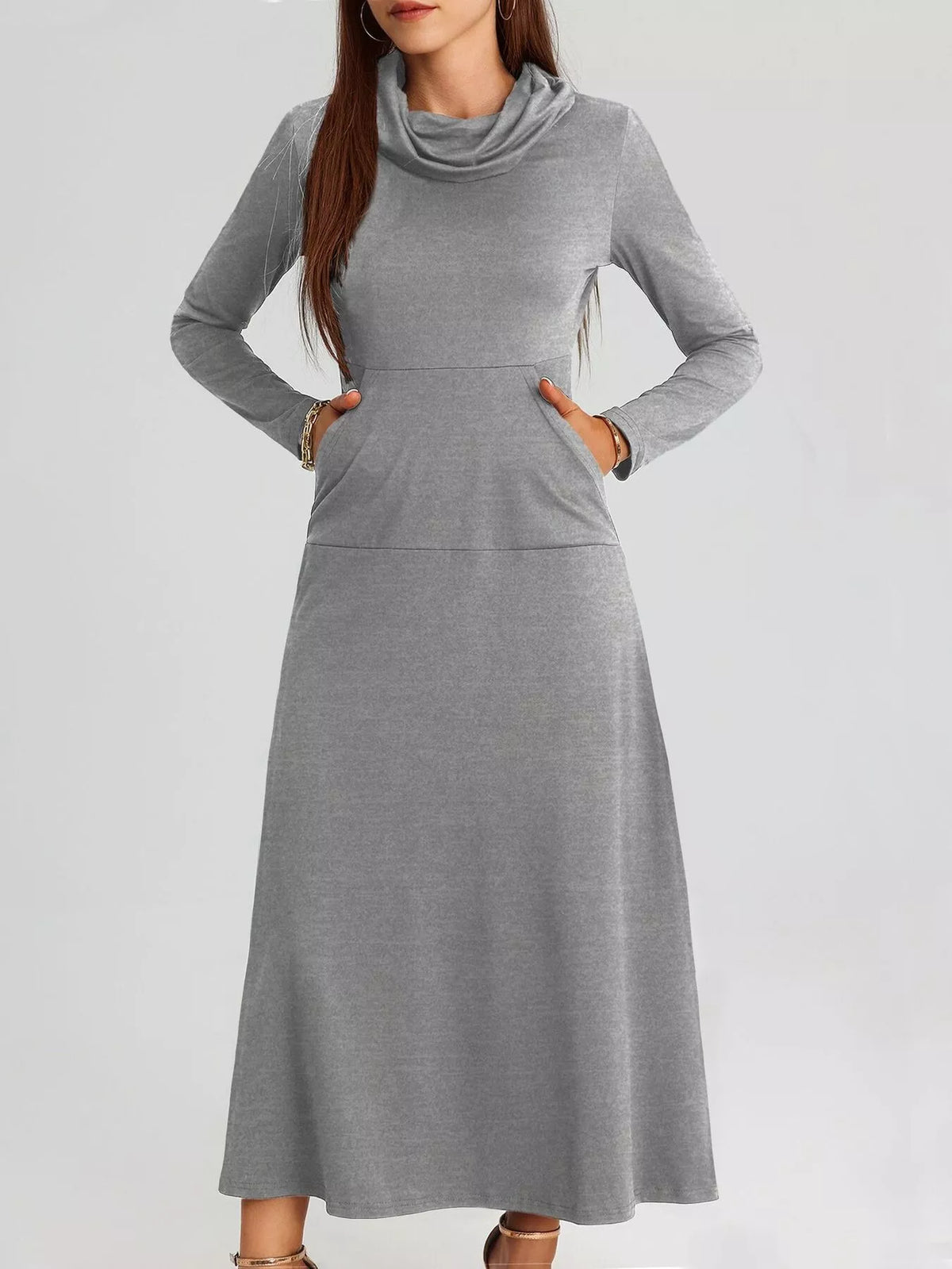 Cowl Neck Long Sleeve Midi Dress with Pockets – photo 2