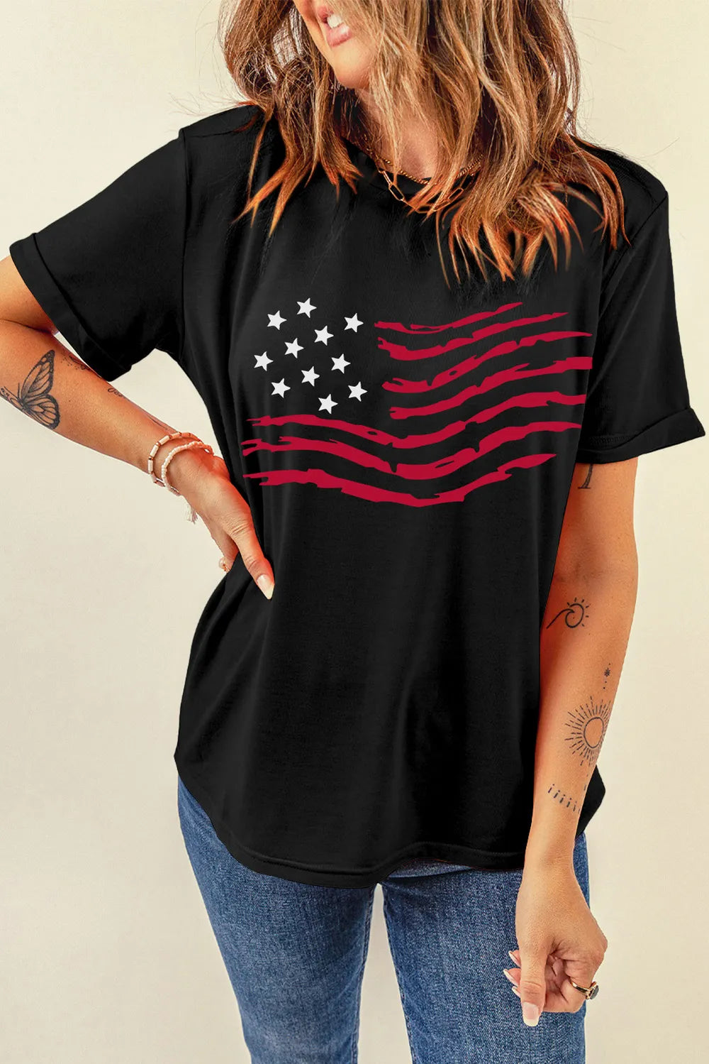 US Flag Round Neck Short Sleeve T-Shirt back view — Livostyle