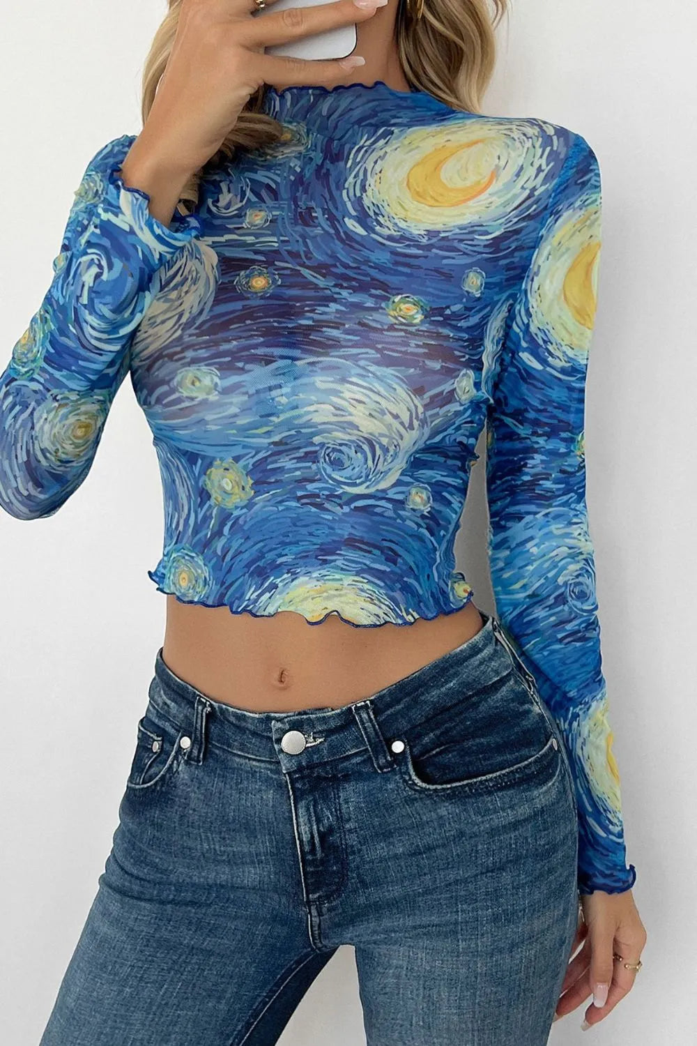 Starry Sky Cropped Mesh T-Shirt back view — Livostyle