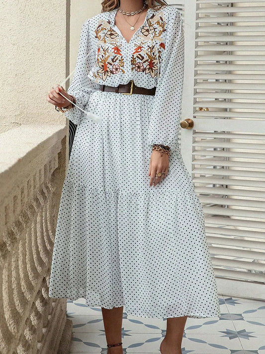 Printed Tie Neck Long Sleeve Midi Dress – Plus Size in White