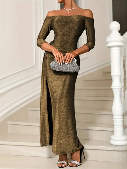 Slit Off-Shoulder Long Sleeve Midi Dress — Livostyle