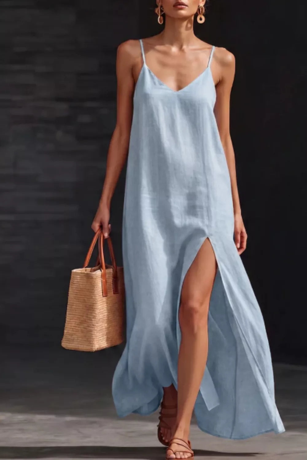 Slit V-Neck Maxi Dress in Light Blue