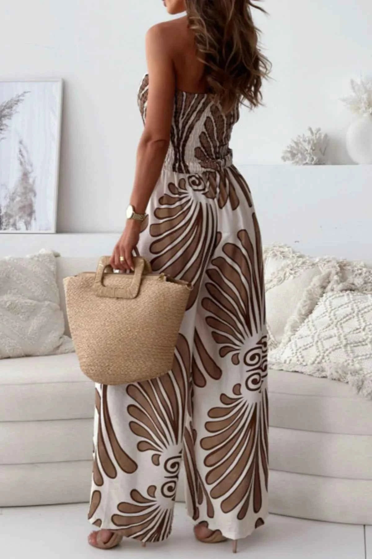 Printed Smocked Tube Wide Leg Jumpsuit