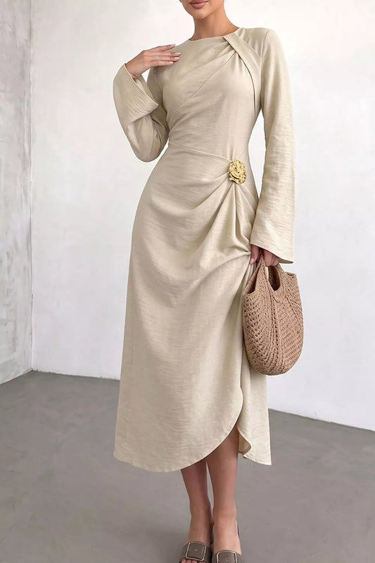 Ruched Long Sleeve Midi Dress in Beige