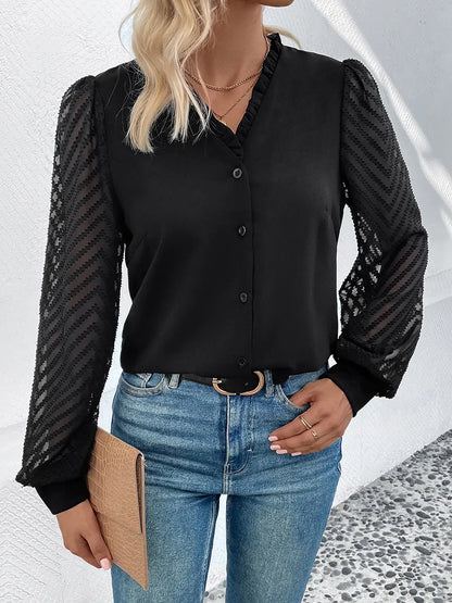 Mesh V-Neck Button Front Blouse — Livostyle