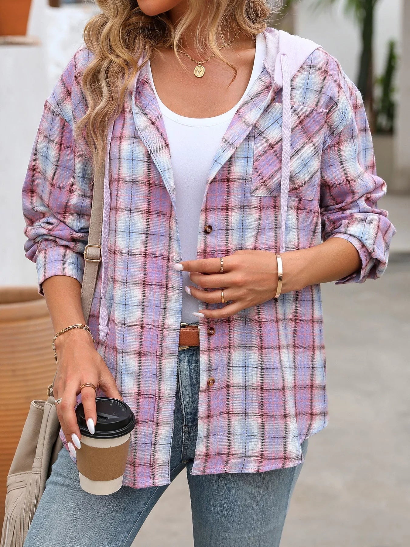 Plaid Button-Up Hooded Shirt with Chest Pocket styling — Livostyle