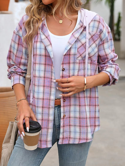 Plaid Button-Up Hooded Shirt with Chest Pocket styling — Livostyle
