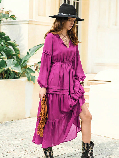 Tie Neck Long Sleeve Tiered Midi Dress in Red-Violet