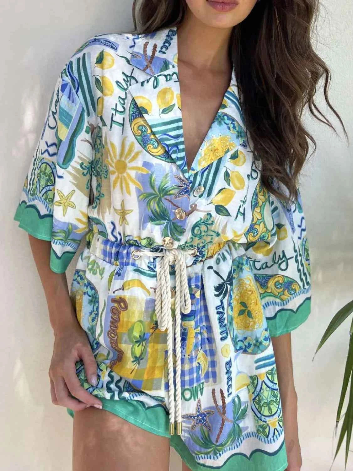 Printed Collared Neck Half Sleeve Romper