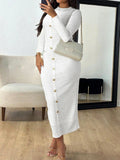 Textured Long Sleeve Midi Dress with Buttons in White