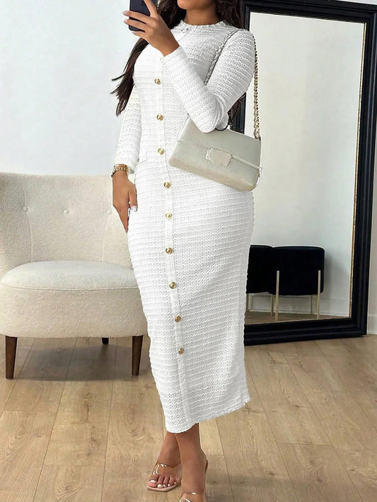 Textured Long Sleeve Midi Dress with Buttons in White