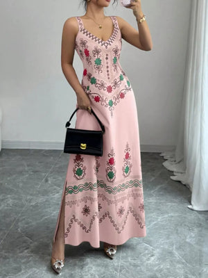 Floral Sleeveless Maxi Dress with Side Slit and Tie in Dusty Pink
