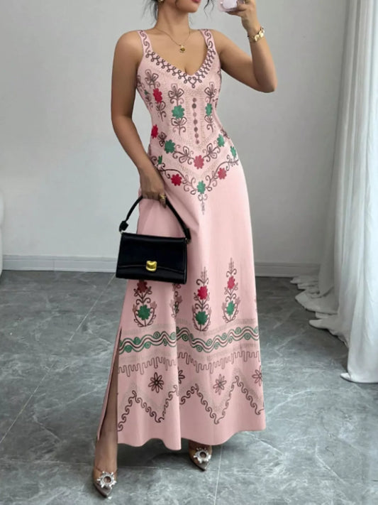 Floral Sleeveless Maxi Dress with Side Slit and Tie in Dusty Pink
