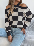 Cold Shoulder Checkered Long Sleeve Sweater — Livostyle