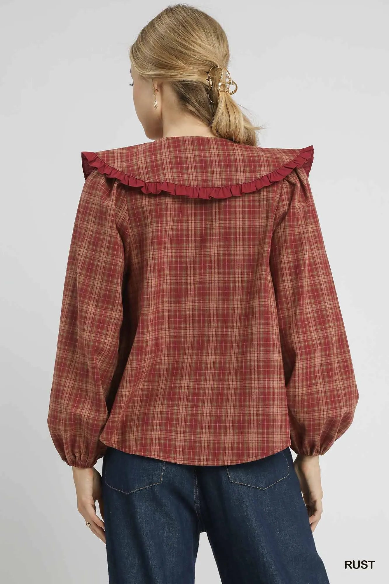 Full Size Plaid Ruffle Collar Blouse Plus Size detail — Livostyle
