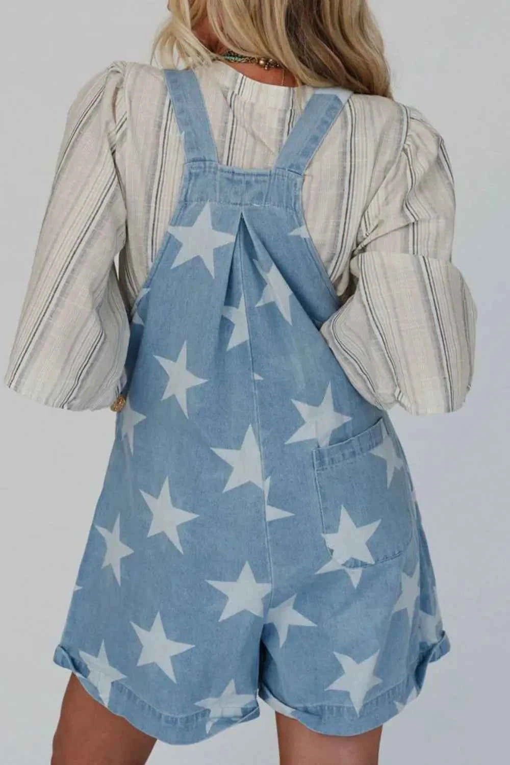 Star Print Square Neck Denim Overalls