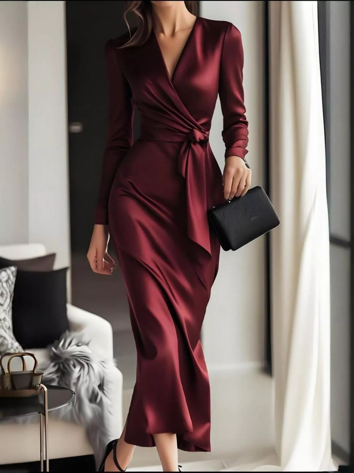 Surplice Satin Long Sleeve Dress with Belt