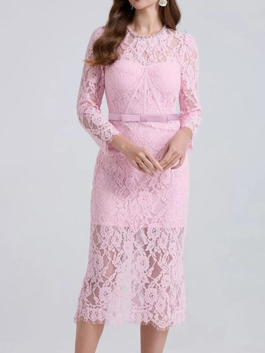 Lace Long Sleeve Slit Midi Dress in Pink