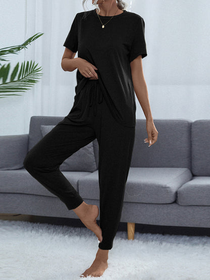 Shiny Round Neck Short Sleeve Top and Pants Set in Black