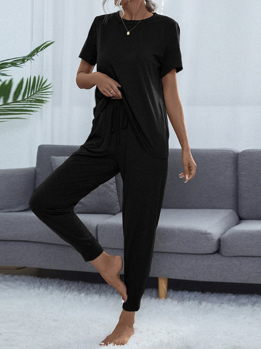 Shiny Round Neck Short Sleeve Top and Pants Set — Livostyle