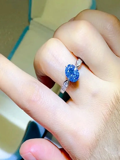 2 Carat Moissanite 925 Sterling Silver Ring — Oval-Cut Blue — detail view — Livostyle