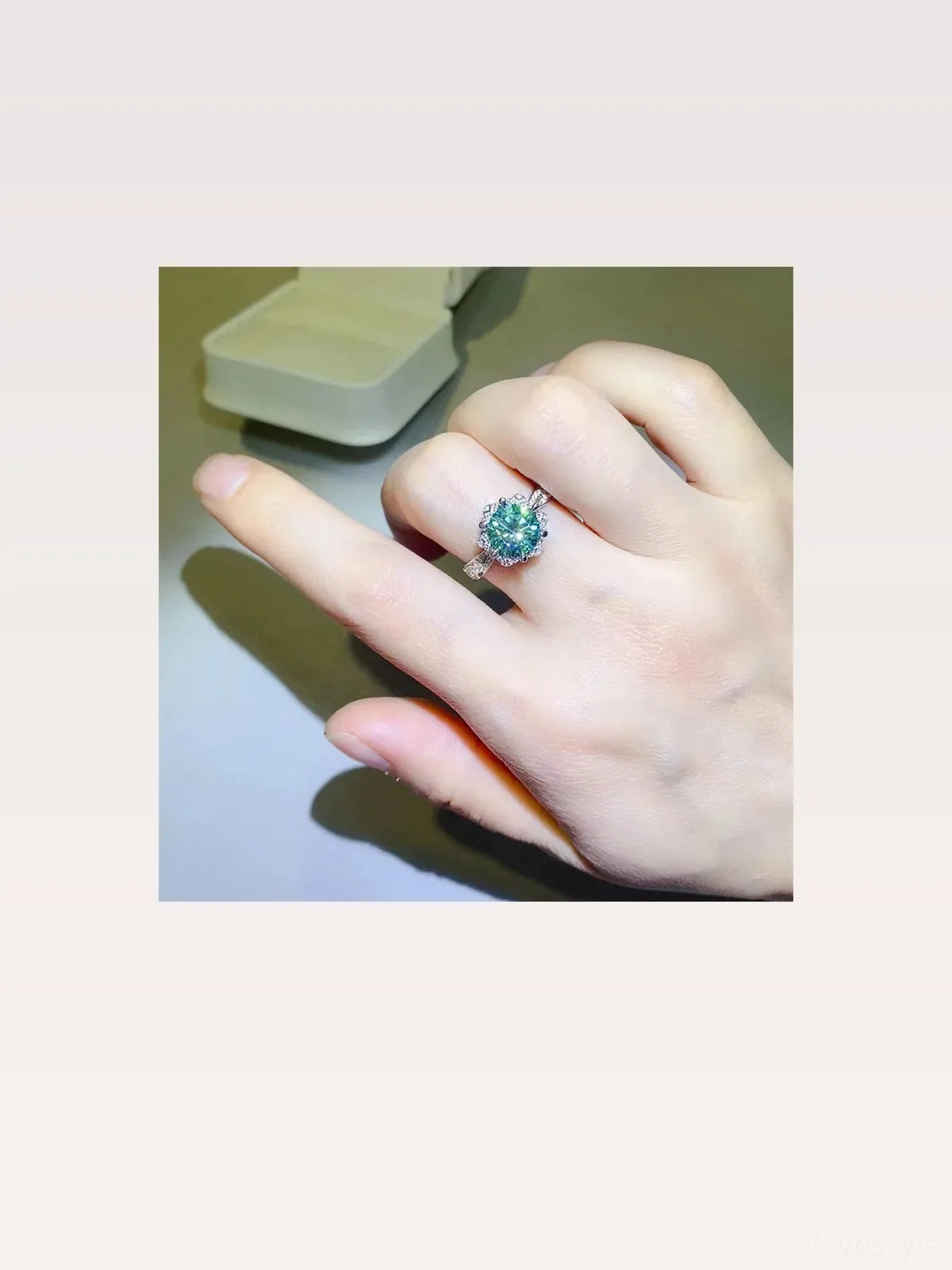 2 Carat Moissanite 925 Sterling Silver Ring — Teal Halo — styled showcase — Livostyle