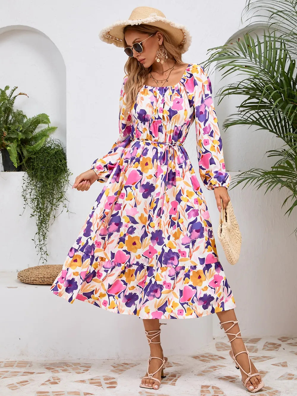 Printed Long Sleeve Midi Dress with Tie Detail – photo 23