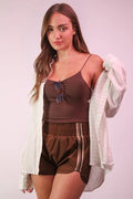 Striped Trim Detail Activewear Shorts in Mocha