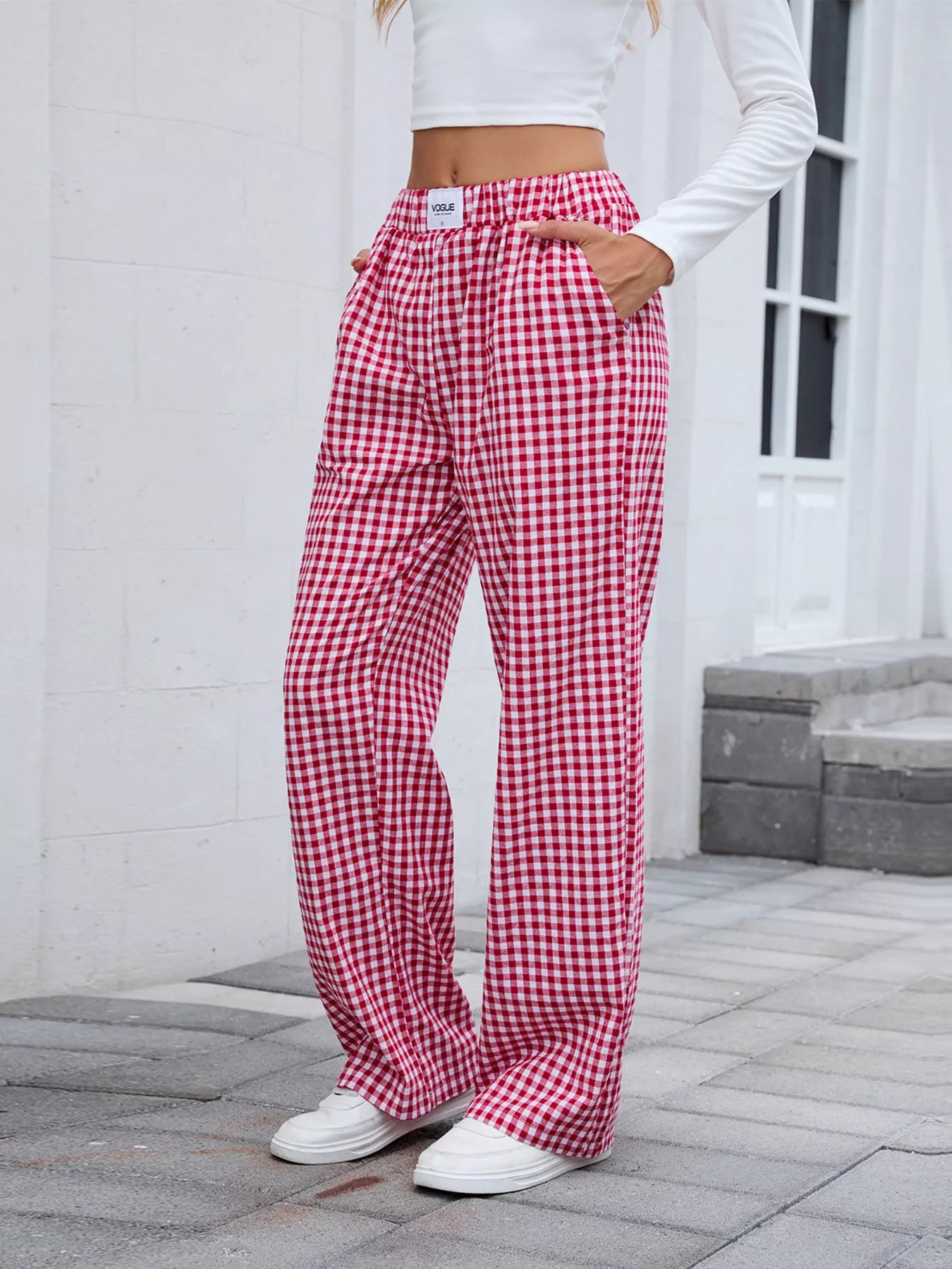 Plaid Wide Leg Casual Pants back view — Livostyle