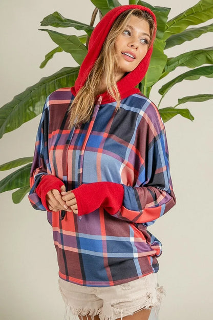 Plaid Mirr Brushed Rib Contrast Thumb Open Hoodie detail — Livostyle