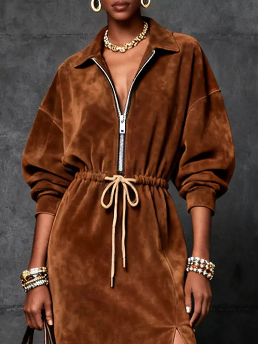 Slit Zip-Front Drawstring Midi Dress