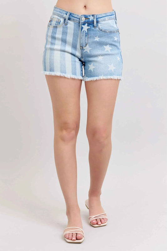 Judy Blue Full Size Mr Star & Stripe Bleach Discharge Fray Hem Denim Shorts Plus Size