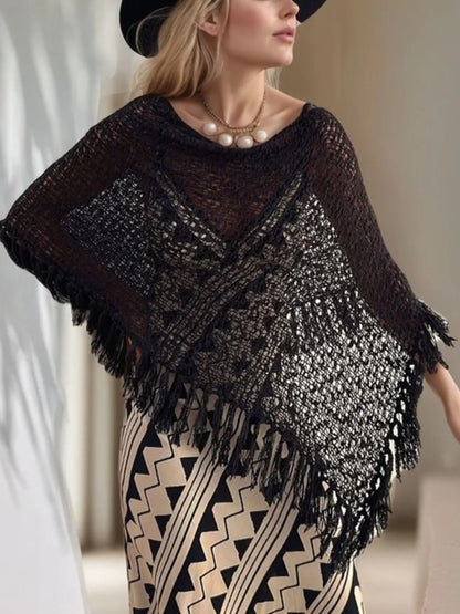 Tassel Boat Neck Knit Shawl closeup — Livostyle
