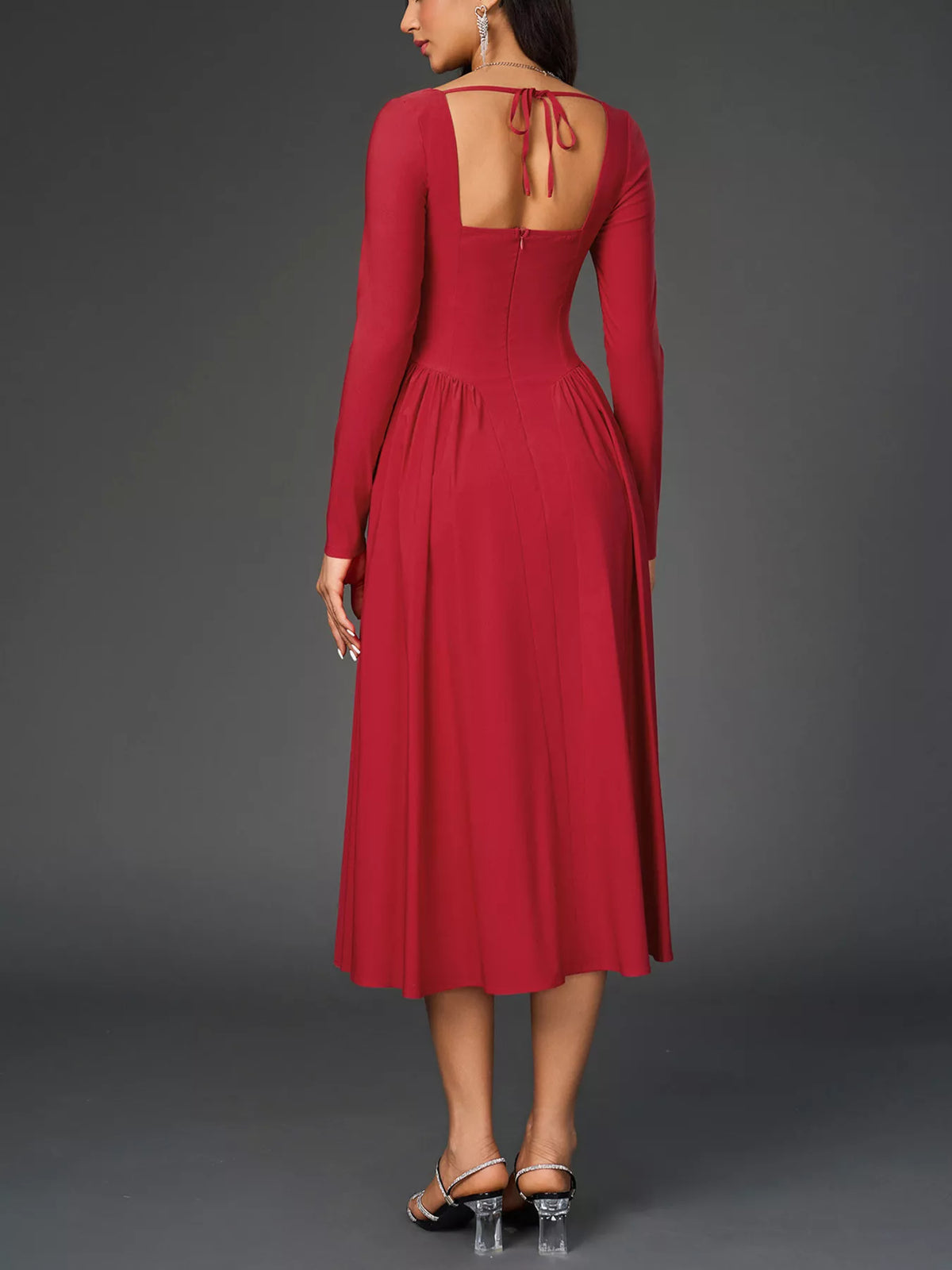 Sweetheart Neckline Long Sleeve A-Line Midi Dress – photo 6