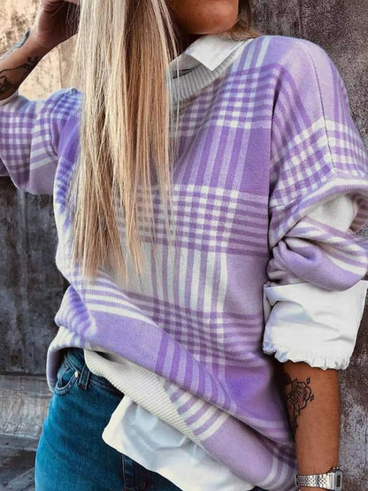 Plaid Round Neck Long Sleeve Sweater back view — Livostyle