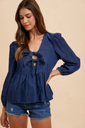 Tie Front Peplum Long Sleeve Denim Top — Livostyle