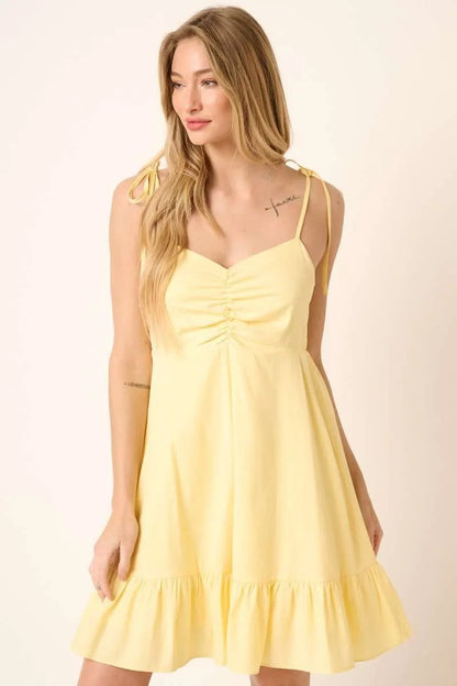 Ruched Detail Spaghetti Tie Mini Dress — Livostyle