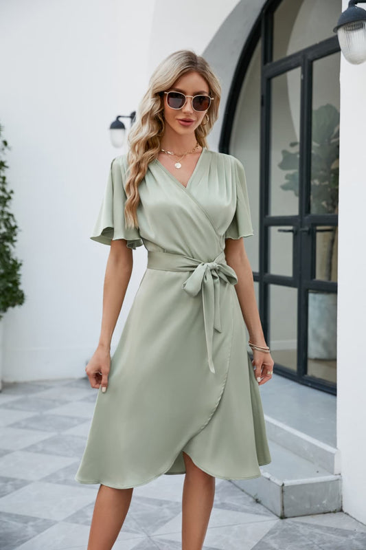 Tie Waist Flutter Sleeve Surplice Midi Dress in Light Green